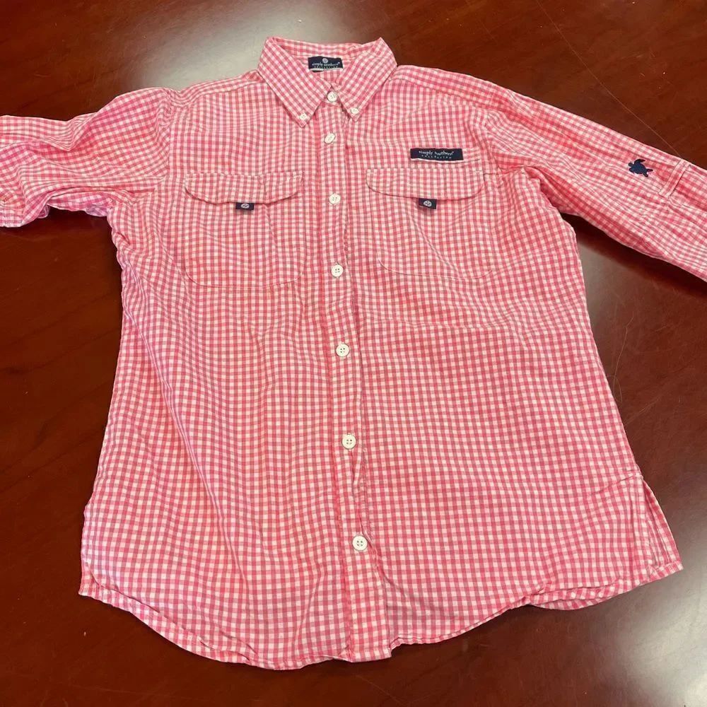 Simply Southern Pink Gingham Roll Sleeve Button Down Shirt sz S